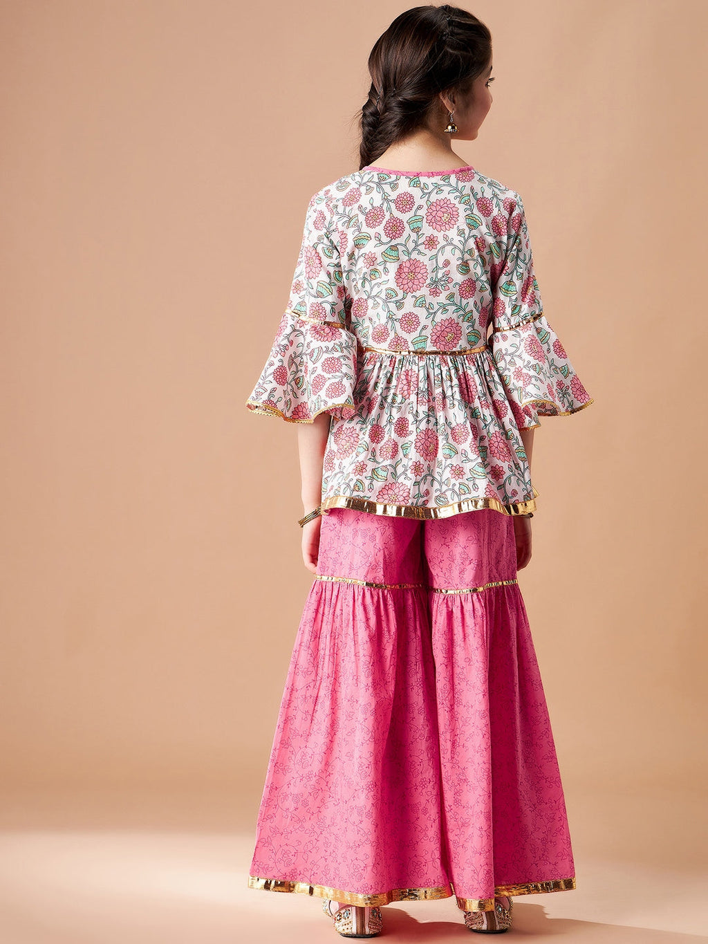 Girls Floral Printed Empire Gotta Patti Pure Cotton Kurti with Sharara