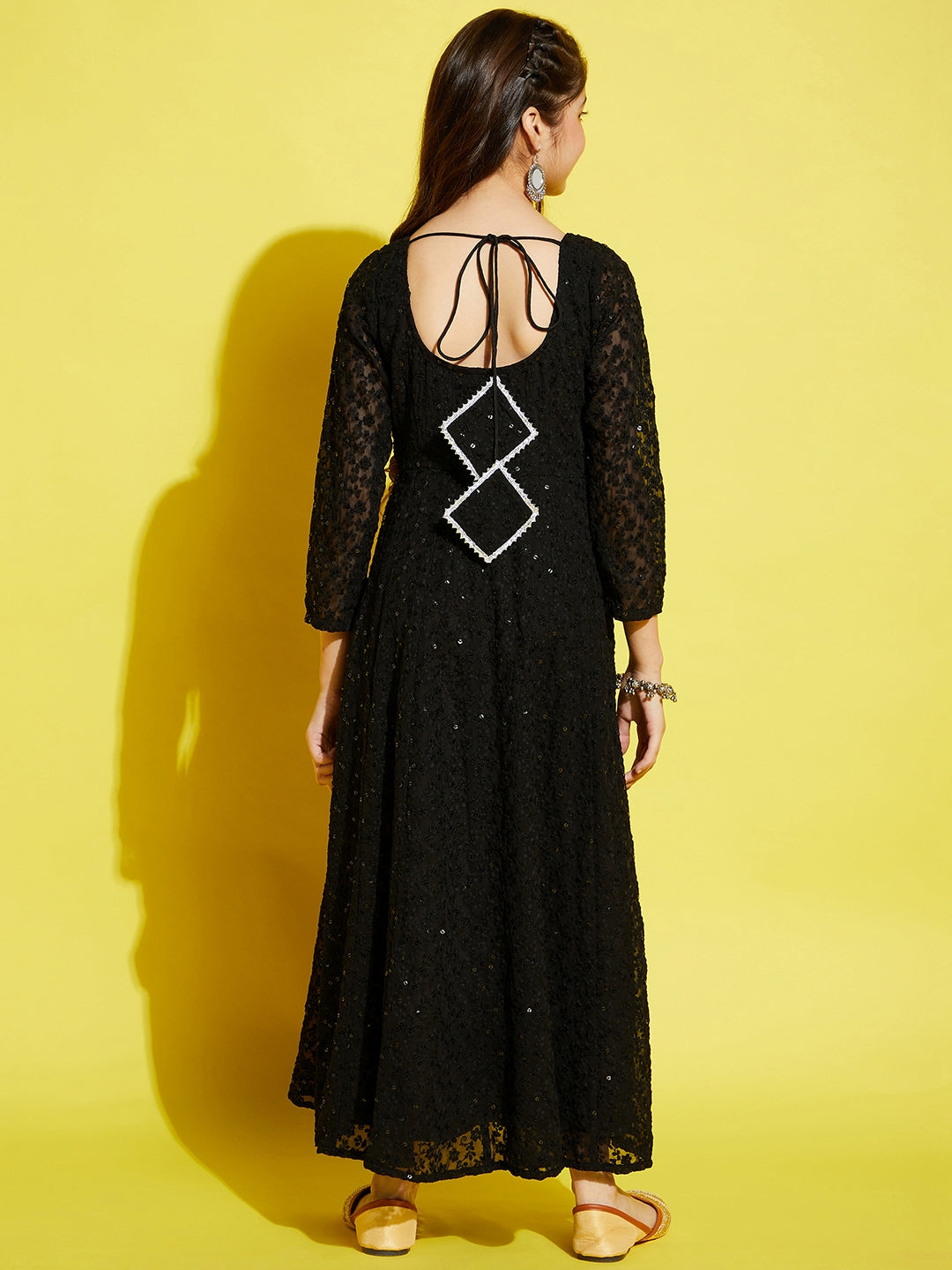 Girls Floral Embroided Maxi Dress - Black