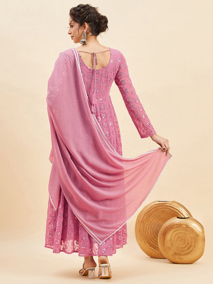 Mirror Embroidered Flared Ethnic Dresses With Dupatta