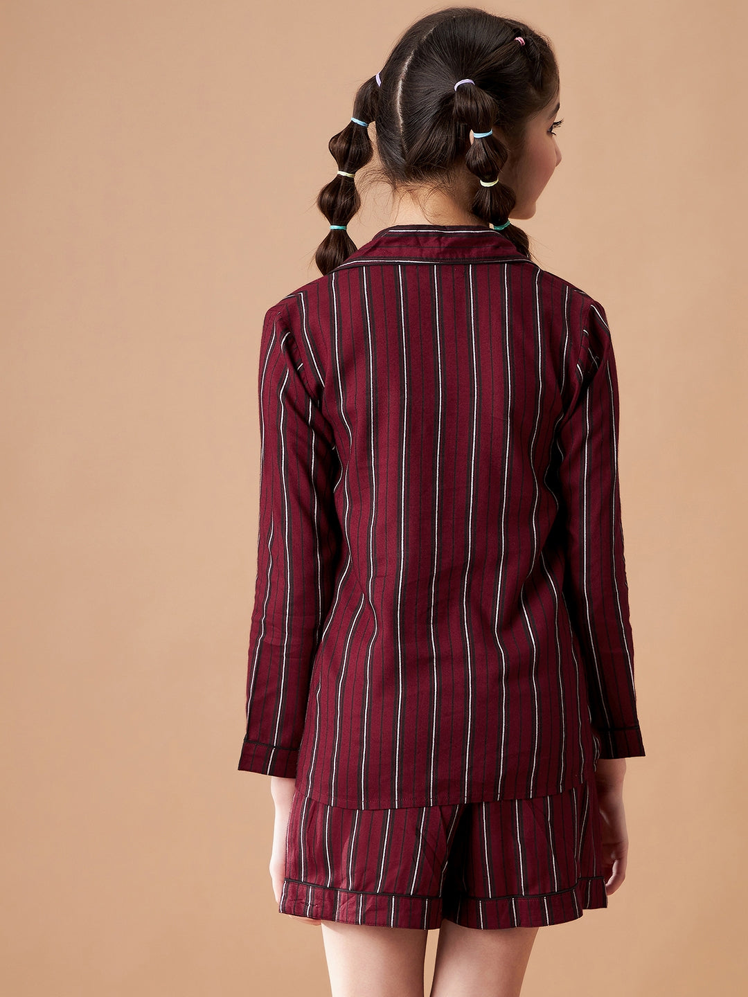 Girls Maroon Striped Shorts Night Suit Sets