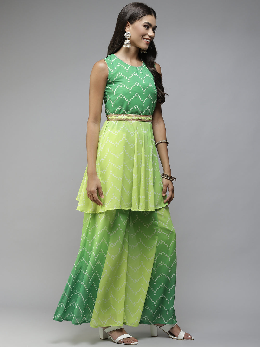 PANIT Green Bandhani Printed Zardozi Kurta with Sharara & With Dupatta