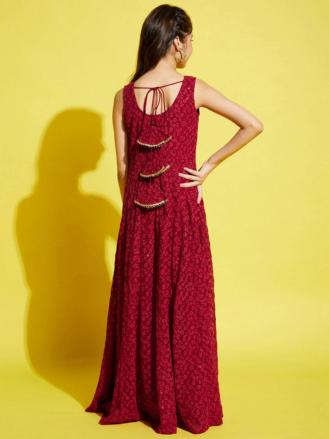 Maroon Floral Embroidered Ethnic Maxi Dress