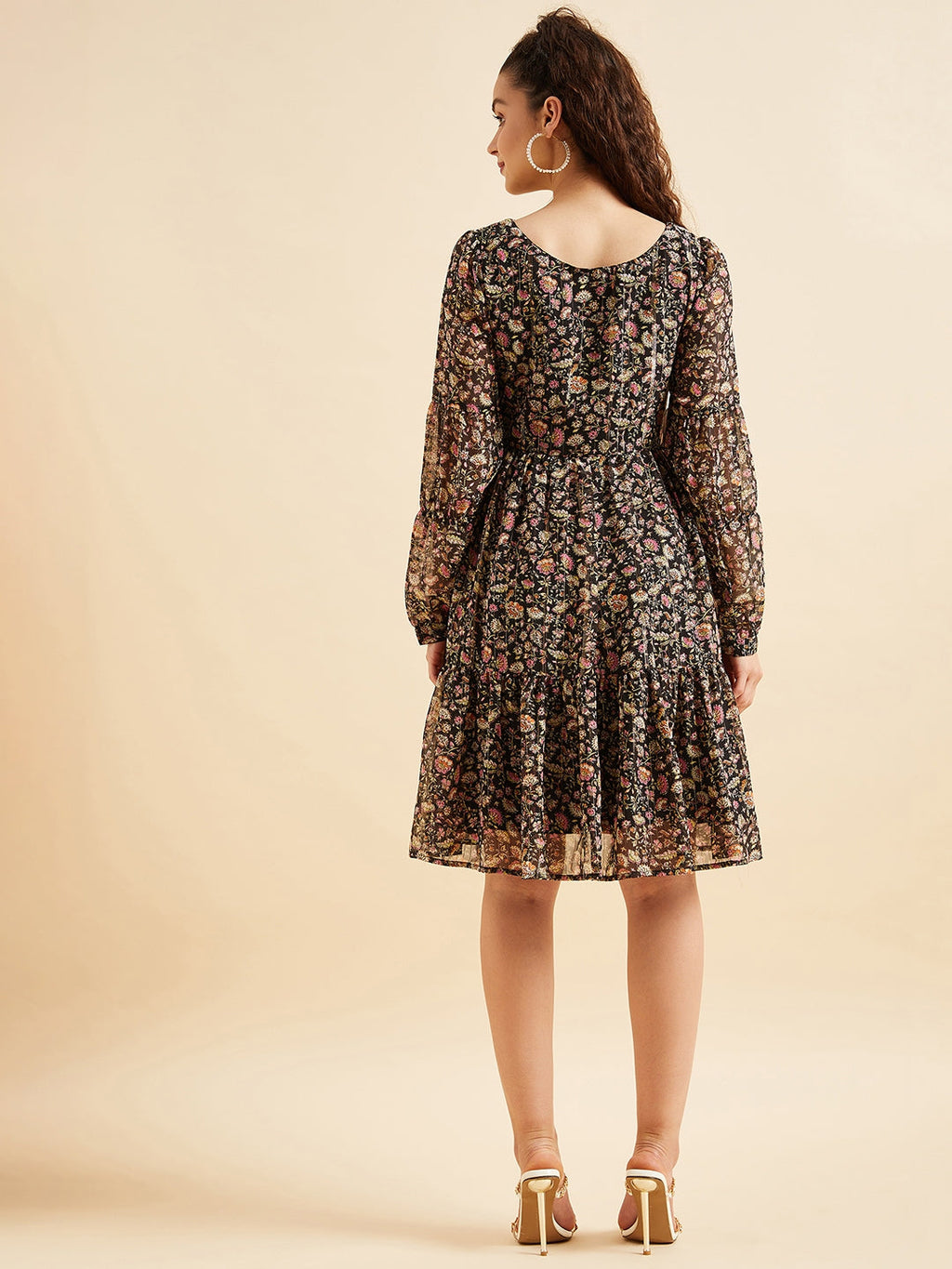 Puffed Sleeves Floral Printed Tiered Fit & Flare Georgette Dress