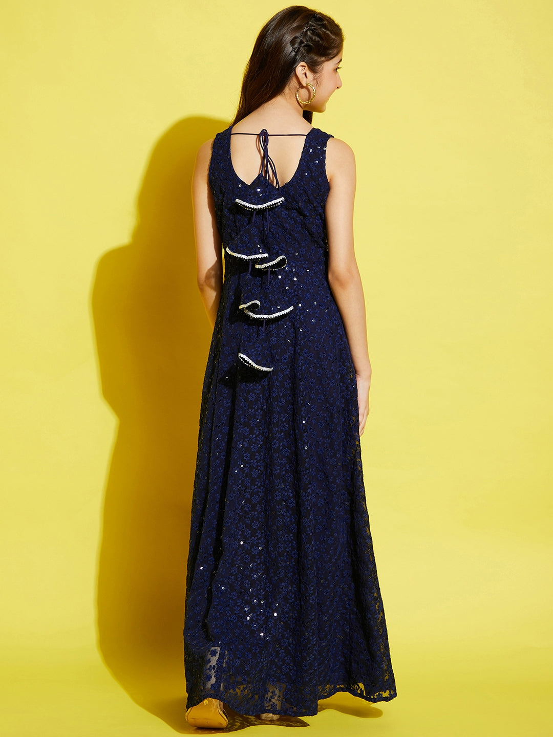 Navy Blue Floral Embroidered Ethnic Maxi Dress