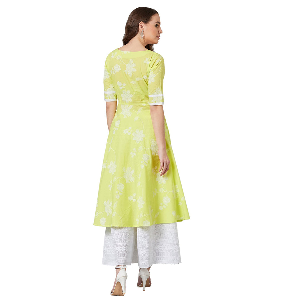 Women Lime Green & White Printed Anarkali Kurta