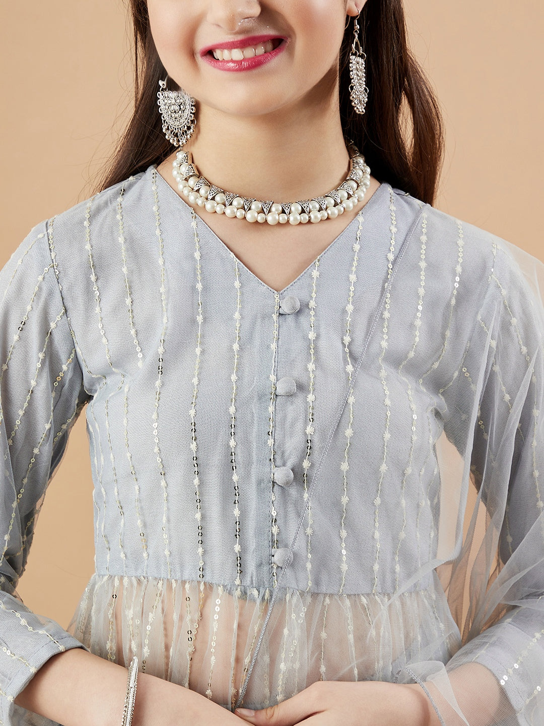 Girls Striped Embroidered Mesh Empire Sequinned Kurta & Sharara & Dupatta