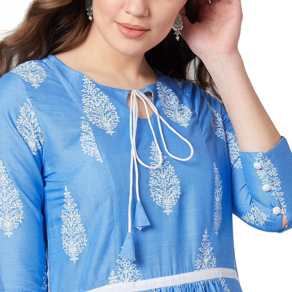 Women Blue & White Floral Print Anarkali Kurta