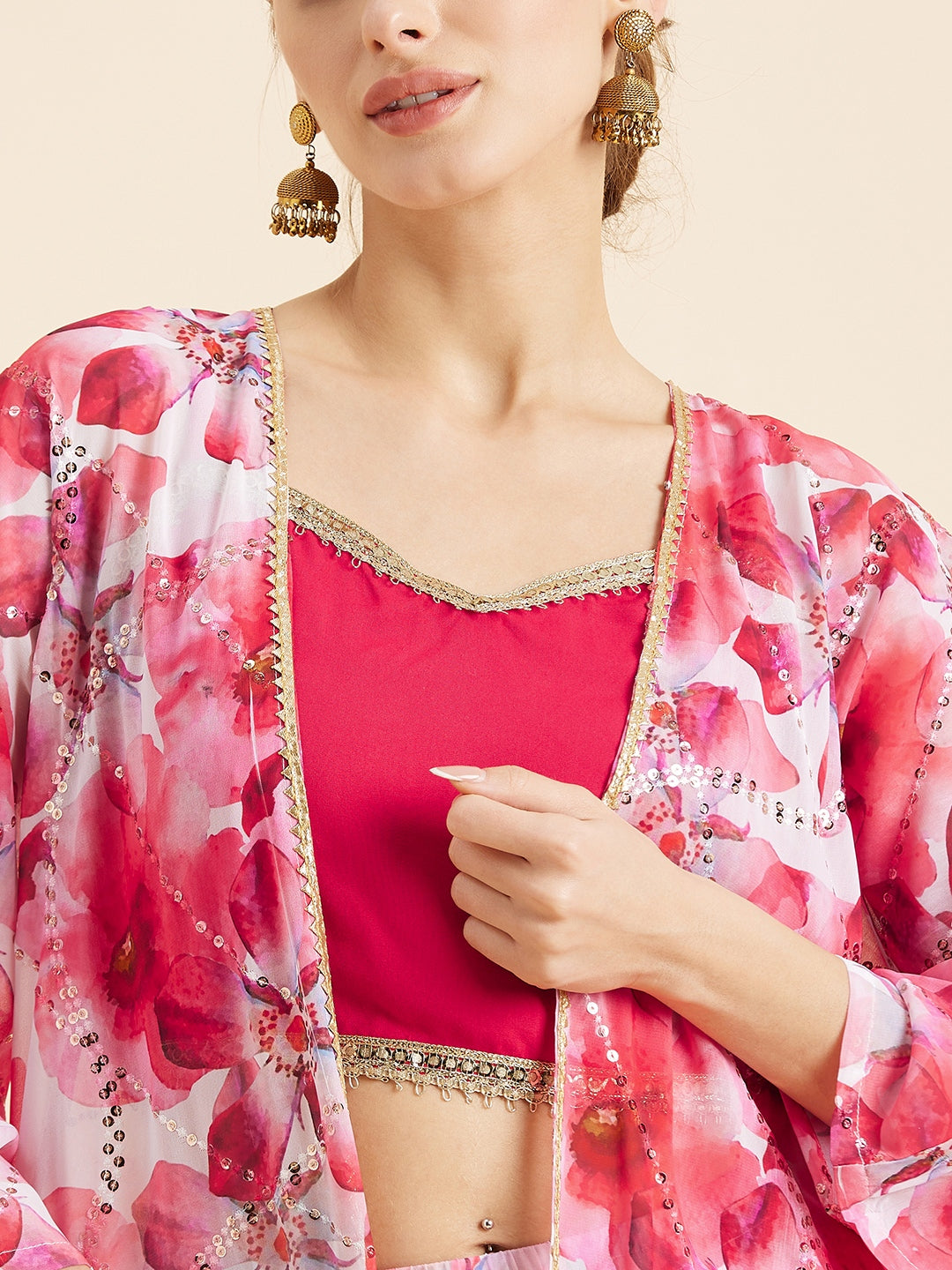 White & Pink Floral Printed Crop Top With Dhoti Pants & Shrug Ethnic Co-Ords