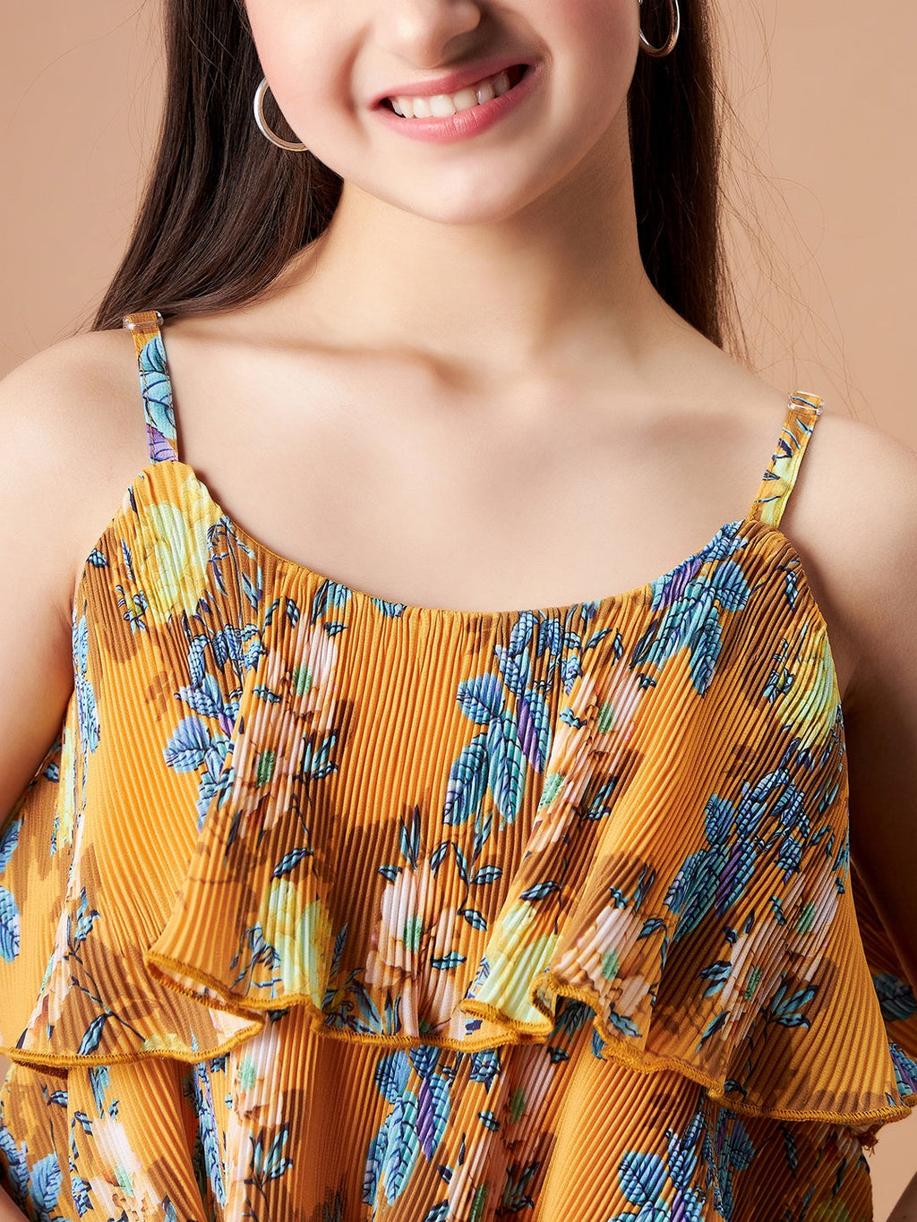 Girls Yellow Floral Printed Top with Trousers