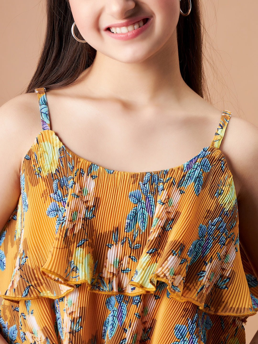 Girls Yellow Floral Printed Top with Trousers