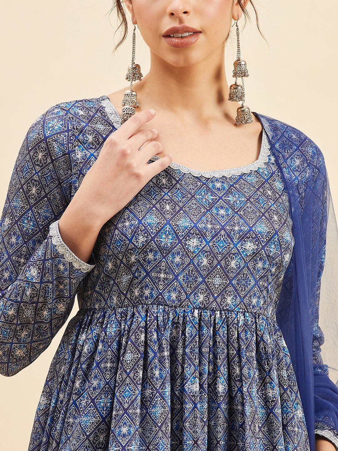 Geometric Printed Empire Anarkali Kurta With Trousers & Dupatta