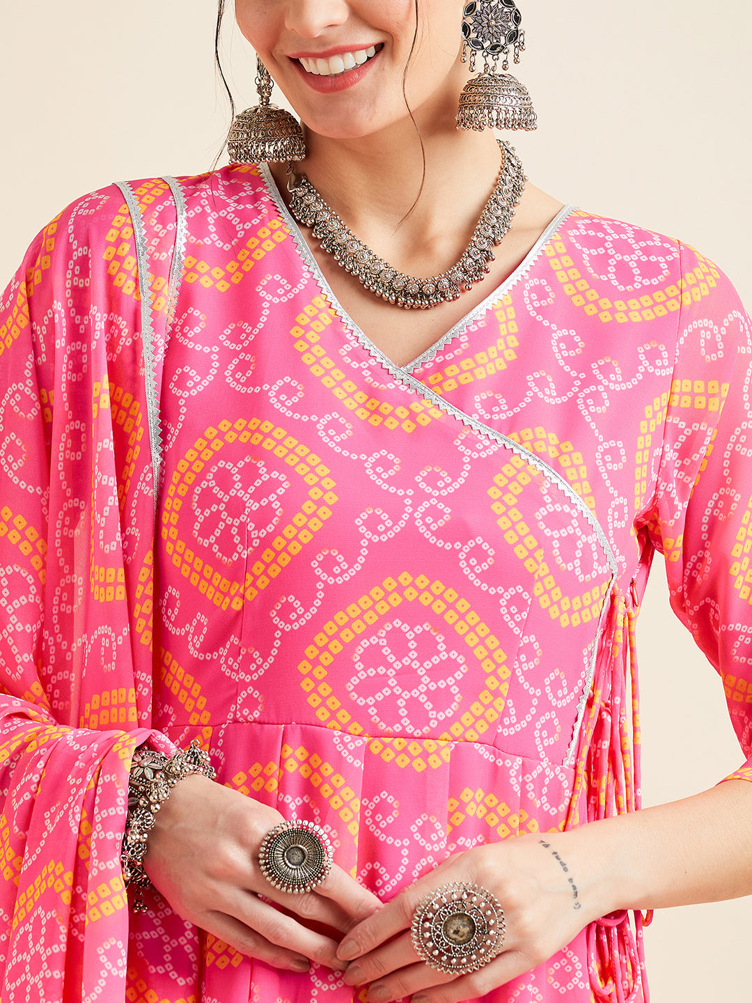 Pink Printed Georgette Angrakha Ethnic Dress With Dupatta