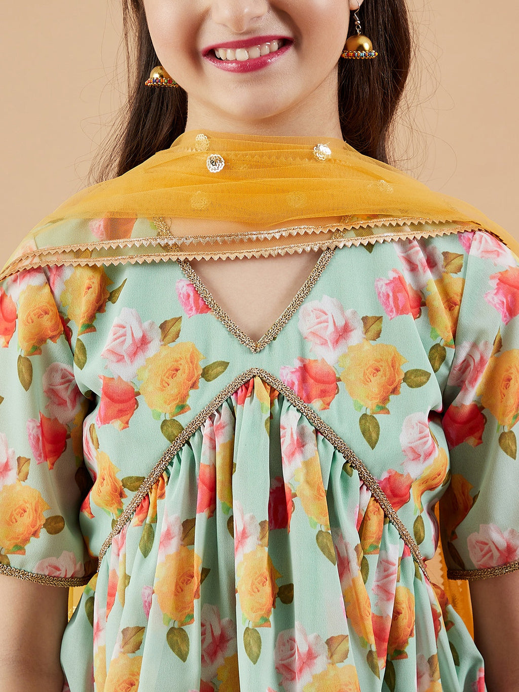 Girls Floral Printed Empire Gotta Patti Kurti with Sharara & With Dupatta