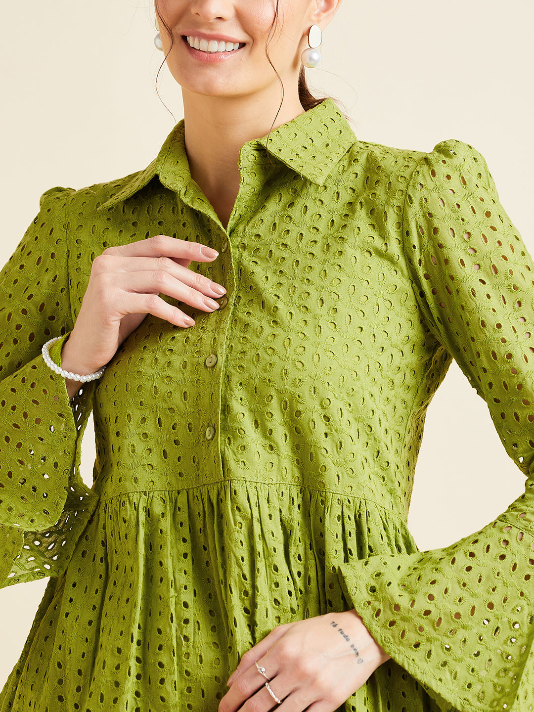 Women Green Shirt Collar Bell Sleeve Ruffled Schiffli Cotton A-line Dress