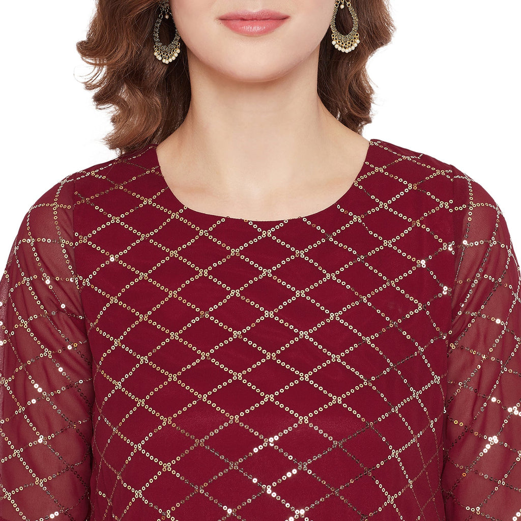 Maroon jaal embroidered kurta and sharara with peach dupatta