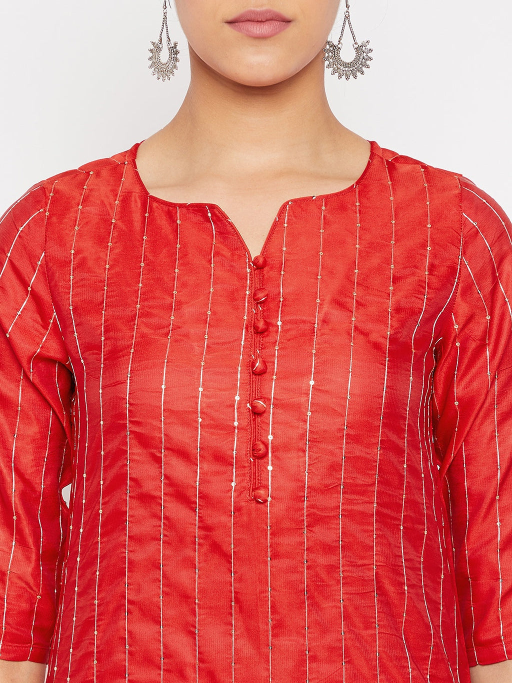 Women Red Sequin Straight Kurta Set with Dupatta