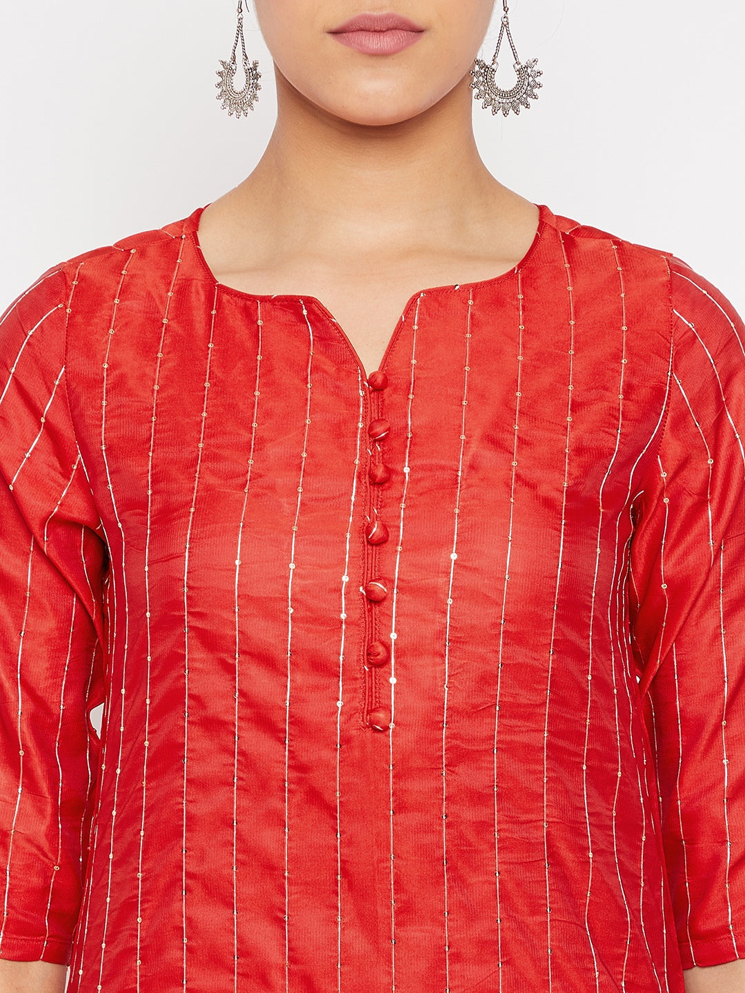 Women Red Sequin Straight Kurta Set with Dupatta