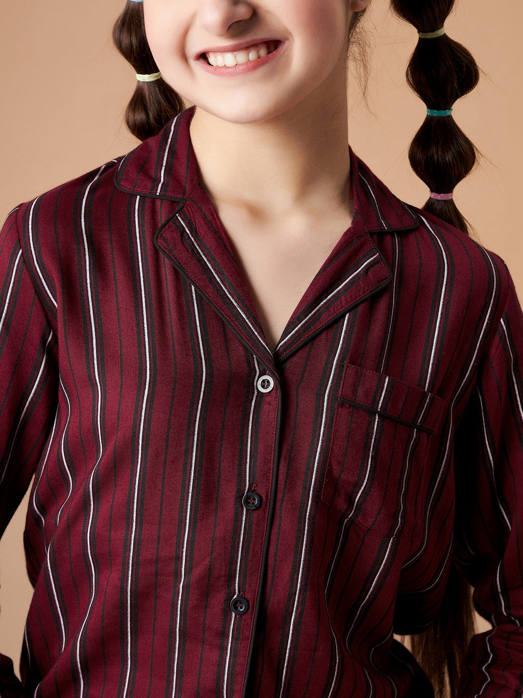 Girls Maroon Striped Shorts Night Suit Sets