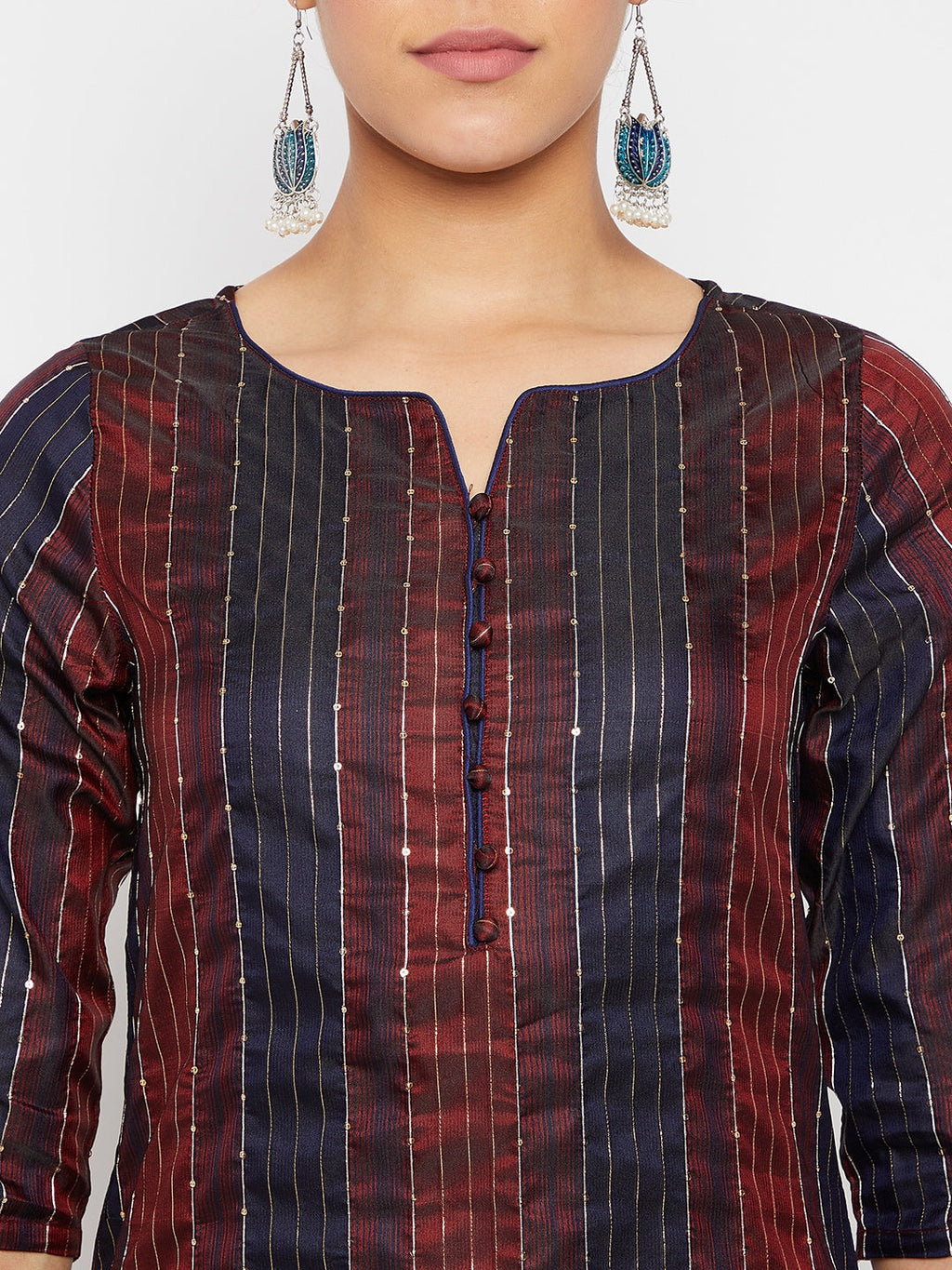 Women Maroon Blue Sequin Straight Kurta Set with Dupatta