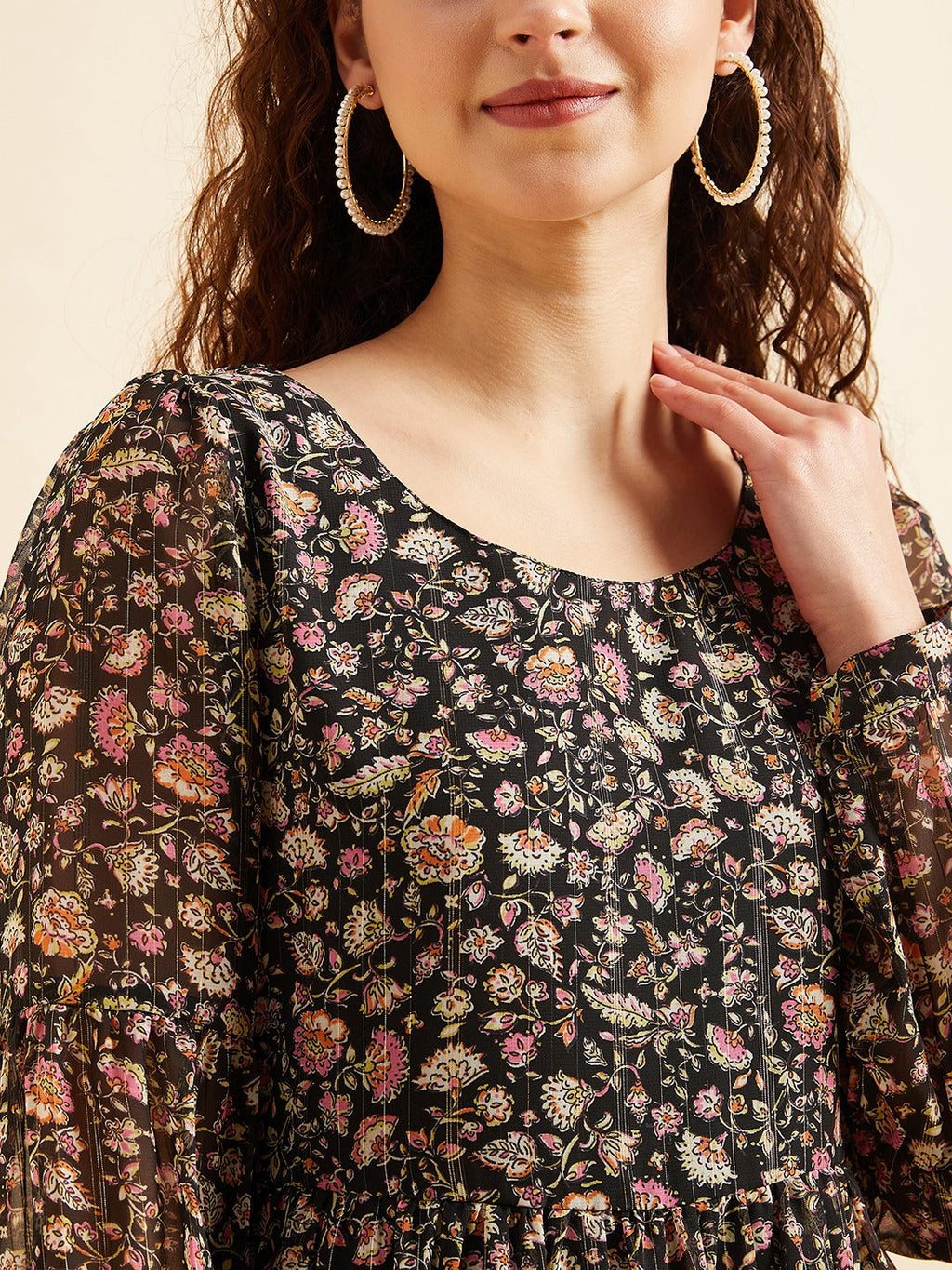 Puffed Sleeves Floral Printed Tiered Fit & Flare Georgette Dress