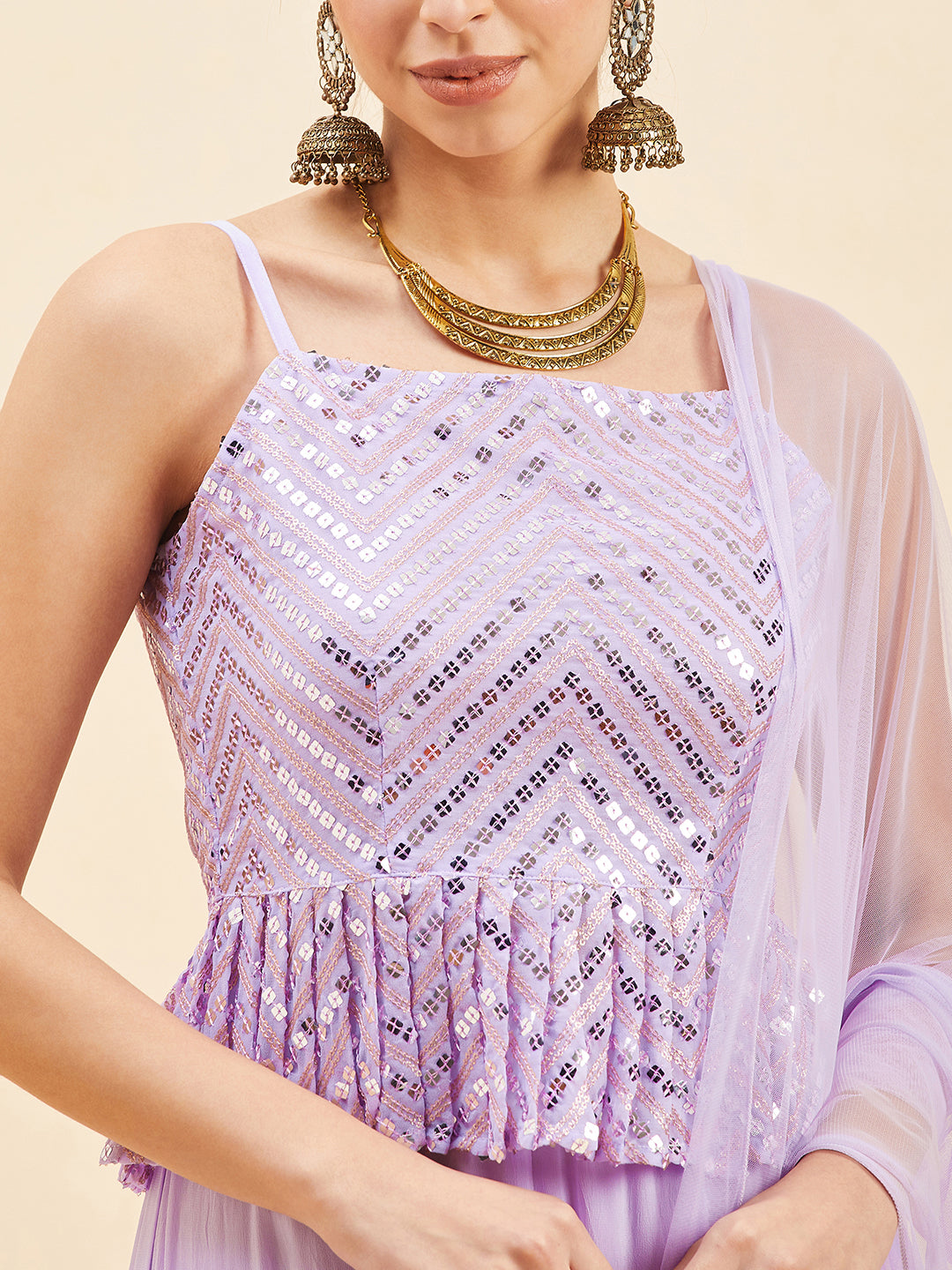 Pleated Sequinned Top with Sharara & With Dupatta