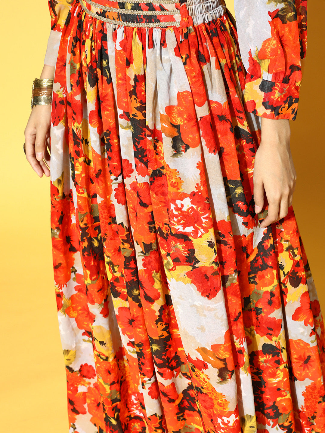 Orange & Grey Floral Print Ready to Wear Lehenga & Choli