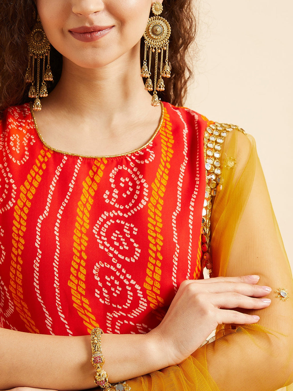 PANIT Orange Bandhani Printed Sequinned Kurta with Sharara & With Dupatta