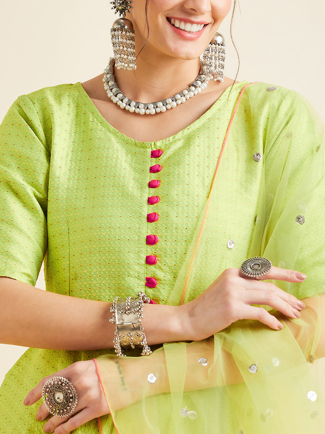Women Neon Green Pleated Golden Thread Work Kurta Set With Trouser And Dupatta