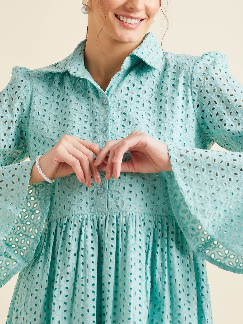 Women Blue Shirt Collar Bell Sleeve Ruffled Schiffli Cotton A-line Dress
