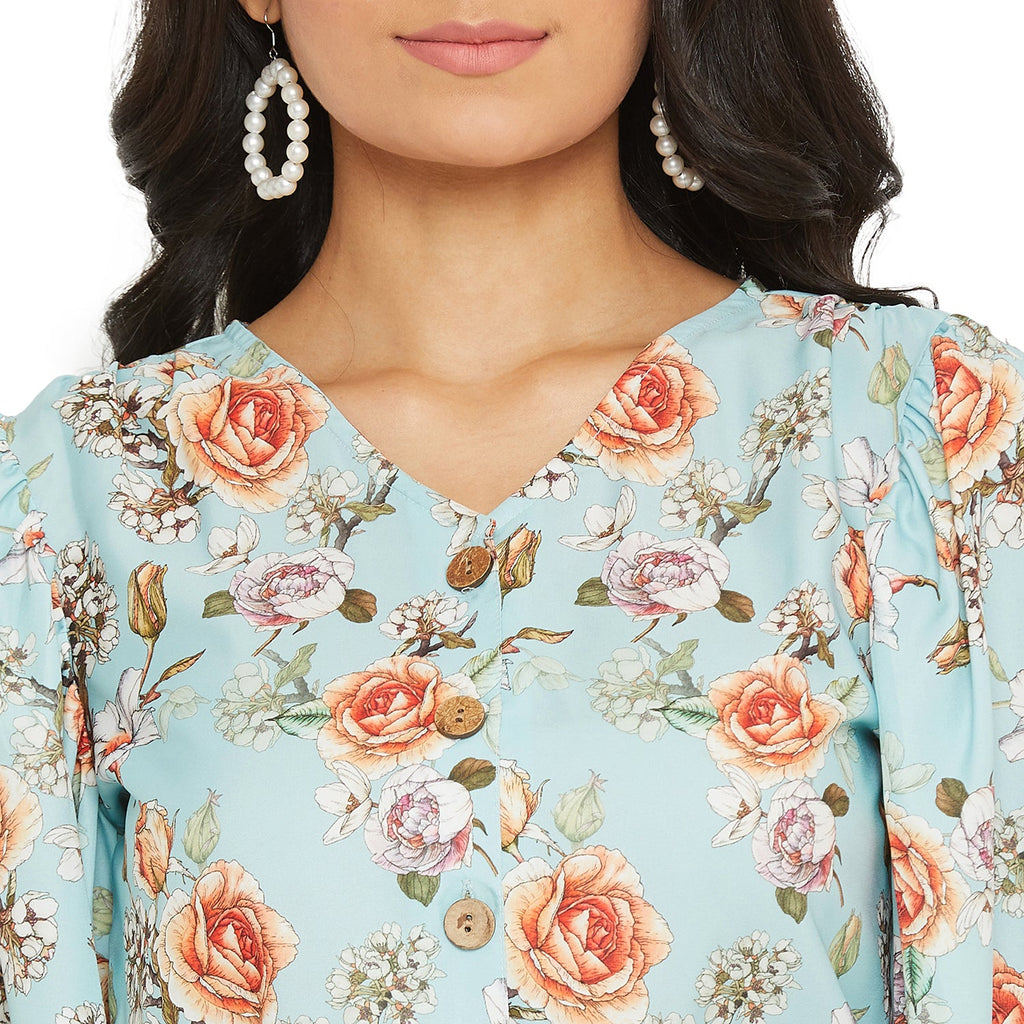 Ice Blue Floral Printed Top With Puff Sleeve