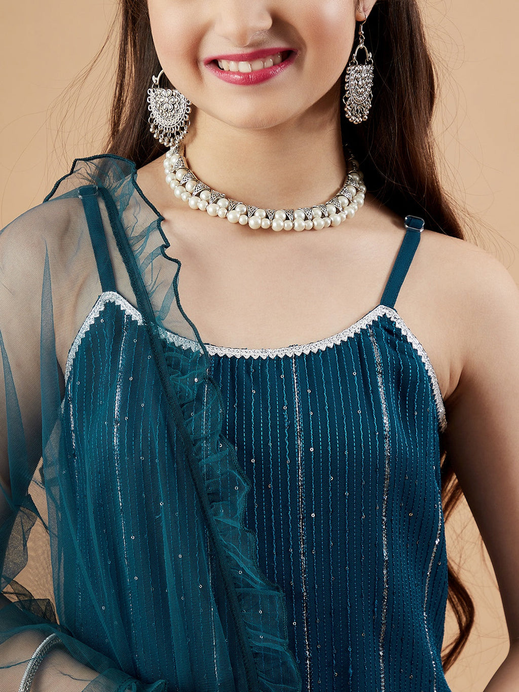 Girls Embroidered Sequinned Kurta with Palazzos & With Dupatta
