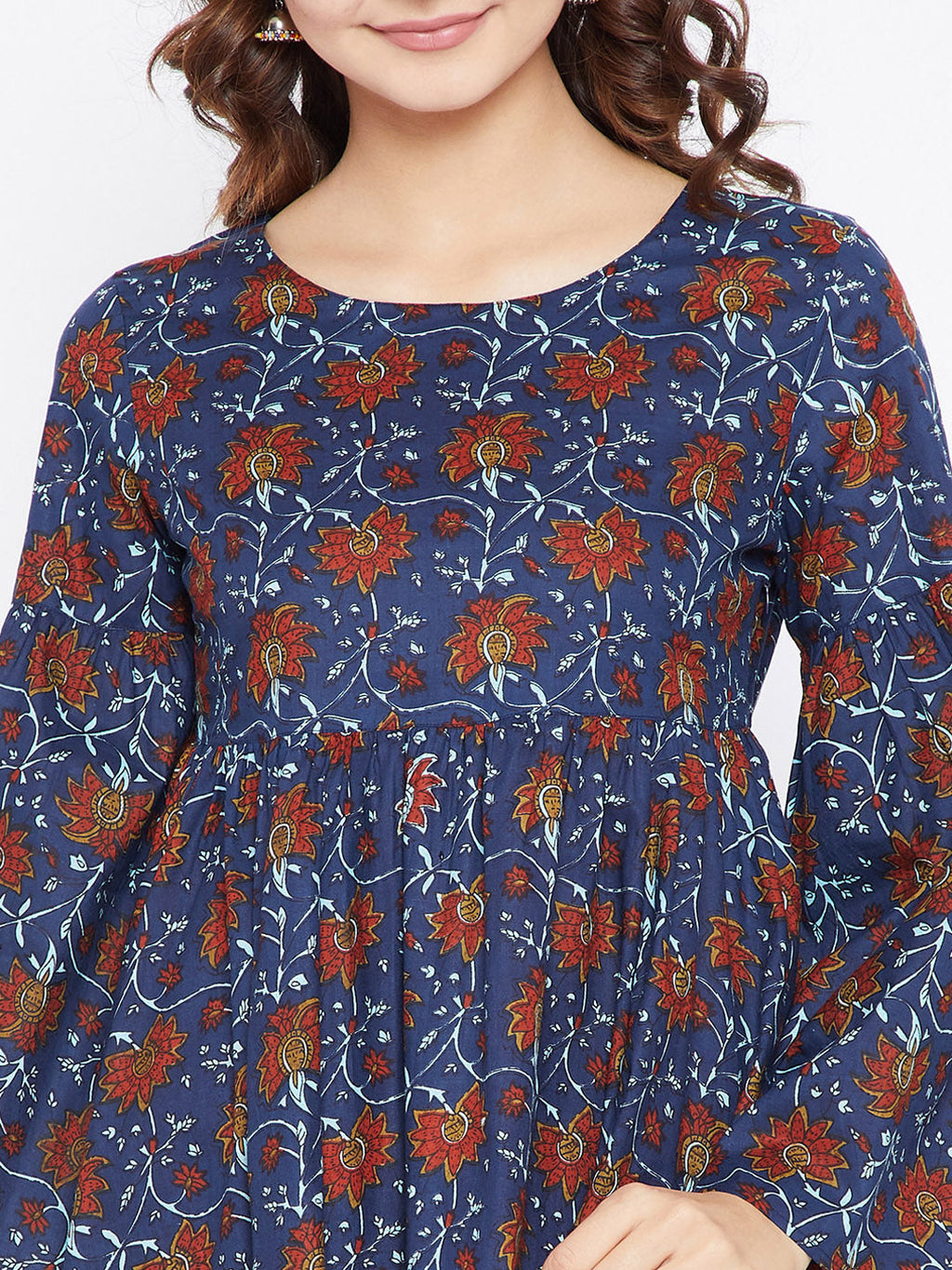 Women Navy Blue and Maroon Printed Kurtis