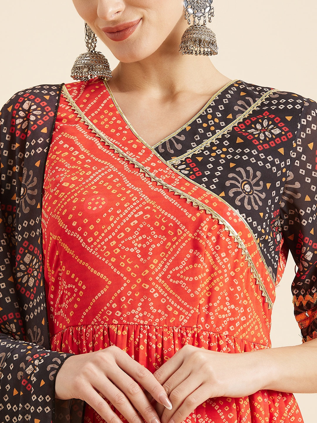 Bandhani Printed Angrakha Gotta Patti Kurta With Trousers & Dupatta
