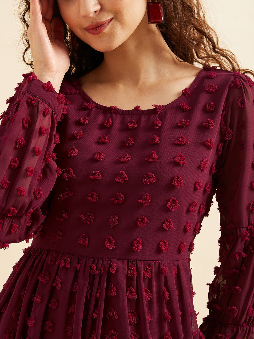 Women Self Design Puff Sleeves Georgette Dress