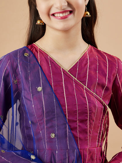 Girls Striped Angrakha Sequinned Kurta with Palazzos & With Dupatta