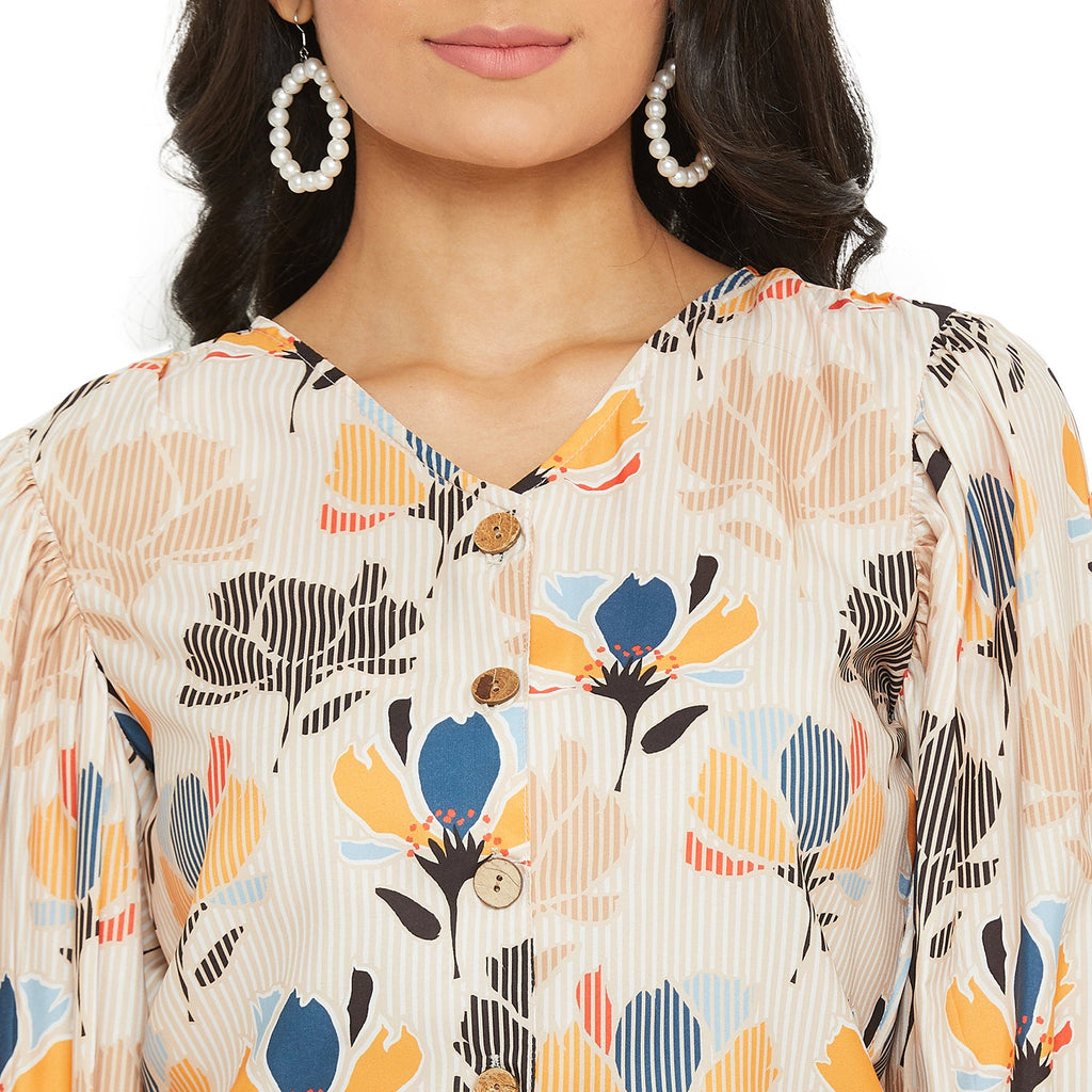 Light Brown Floral Printed Top With Puff Sleeve