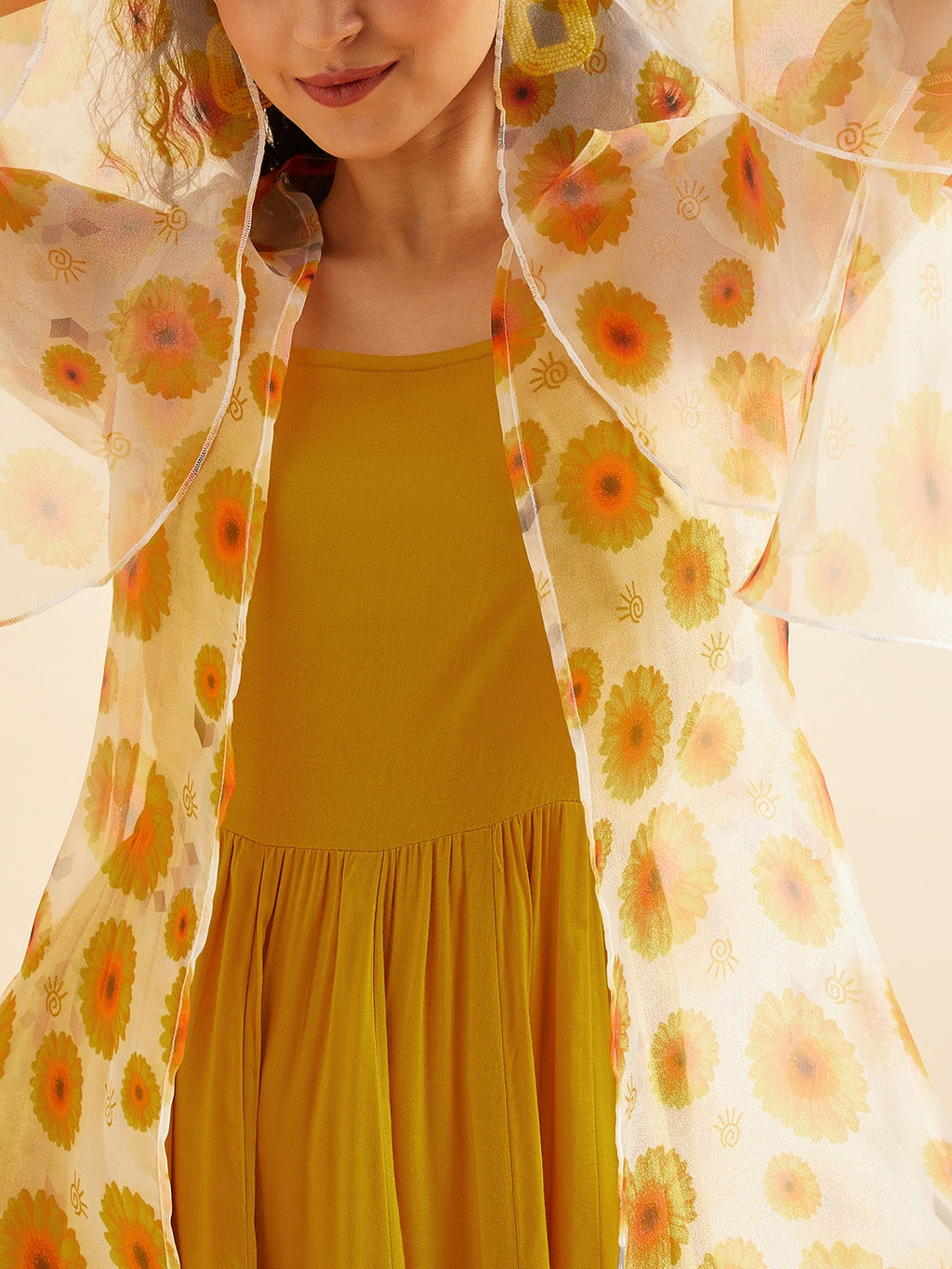 Shoulder Straps Fit & Flare Maxi Ethnic Dress With Printed Shrug