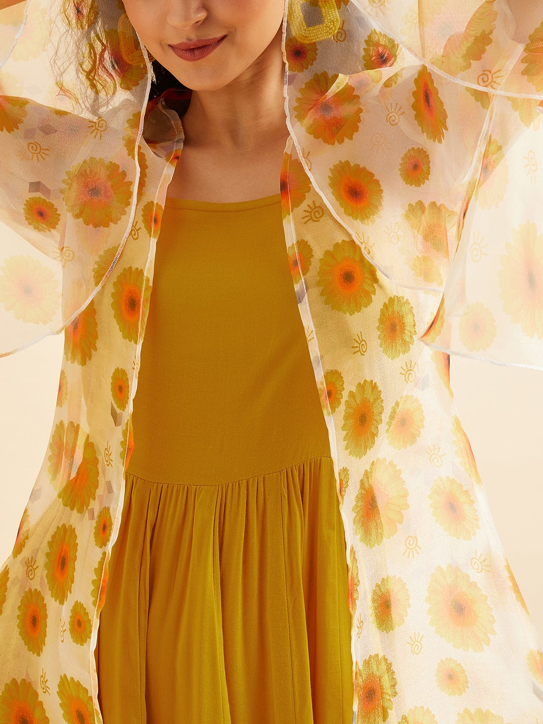 Shoulder Straps Fit & Flare Maxi Ethnic Dress With Printed Shrug