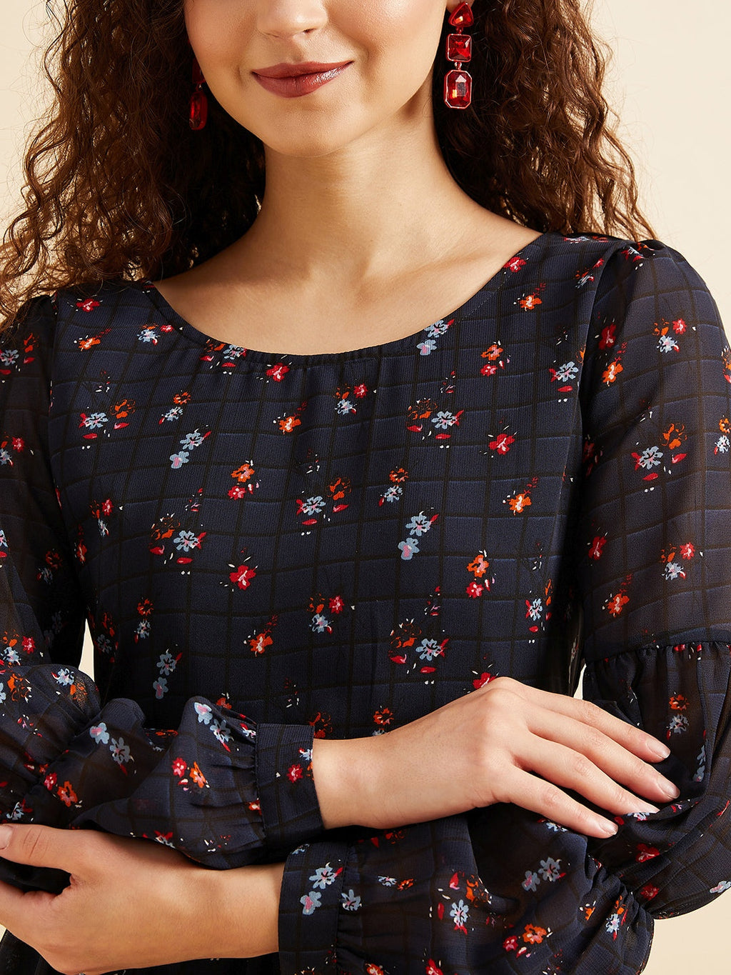 Puffed Sleeves Floral Printed Tiered Fit & Flare Georgette Dress