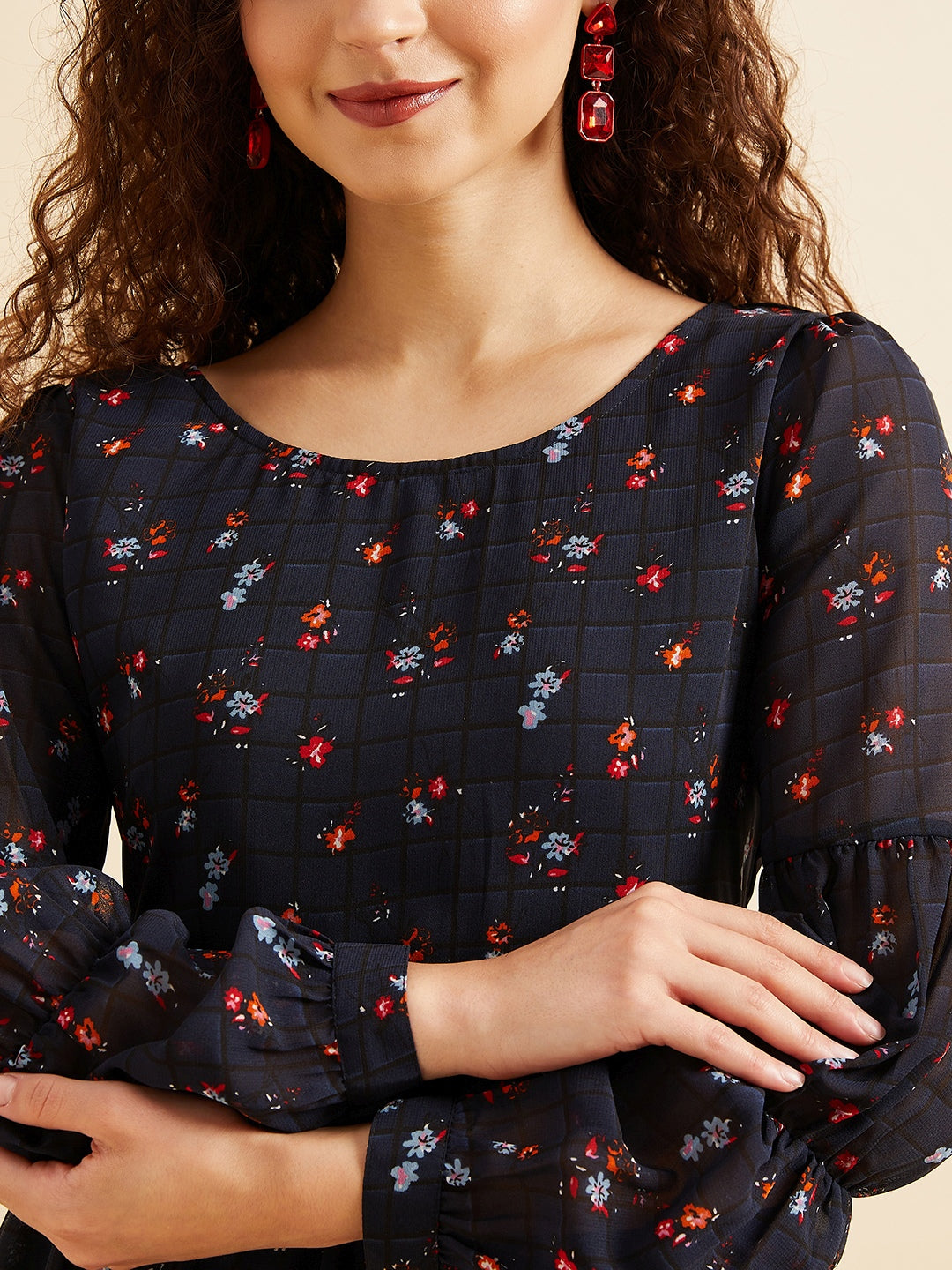 Puffed Sleeves Floral Printed Tiered Fit & Flare Georgette Dress