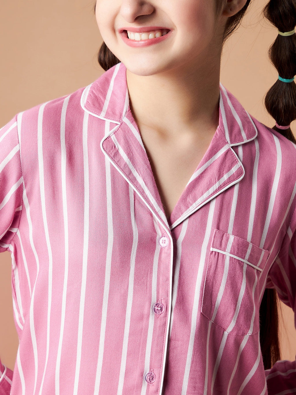 Girls Pink Striped Cotton Night Suit Set