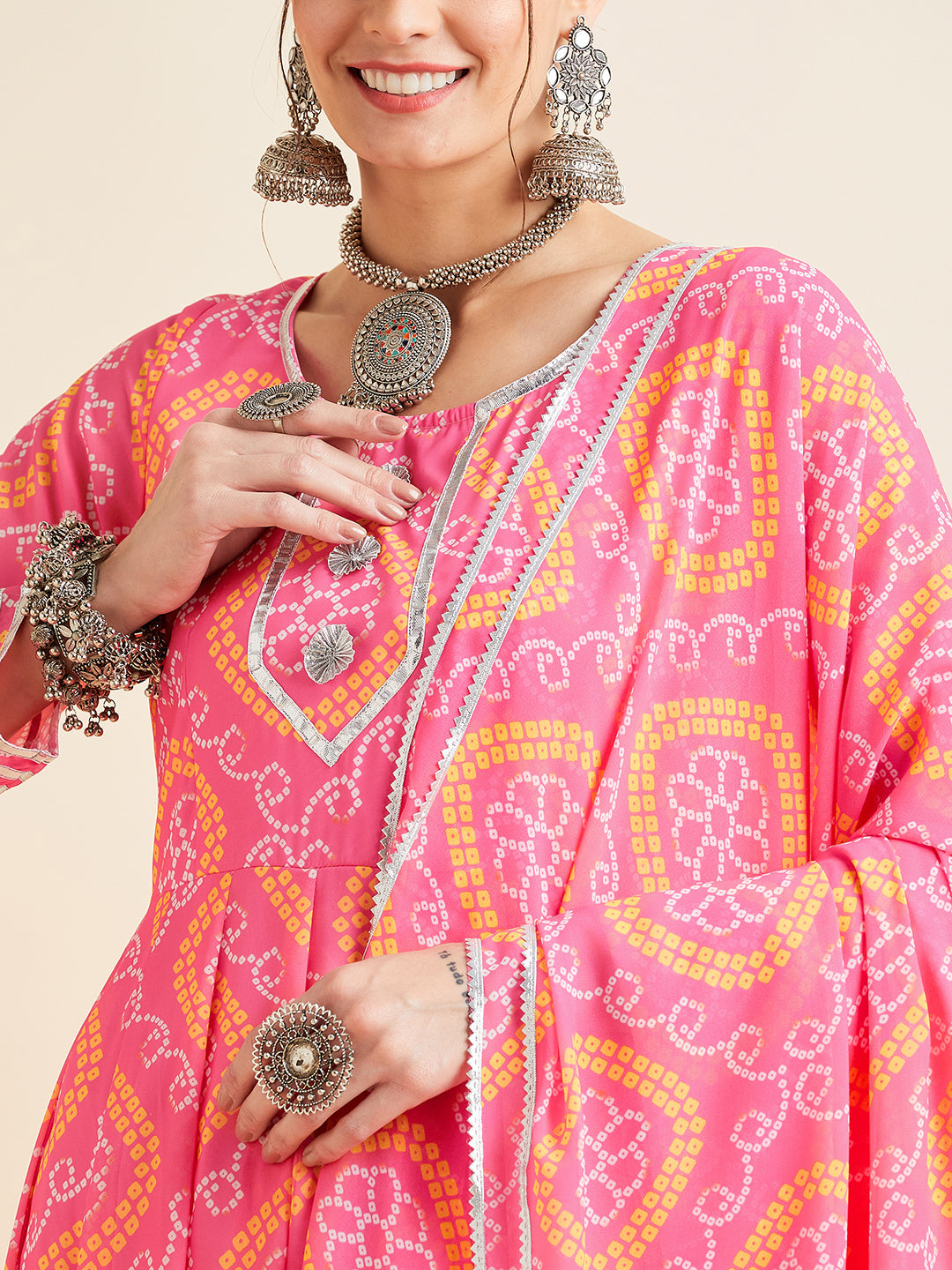 Bandhani Printed Fit & Flared Maxi Ethnic Dress With Dupatta