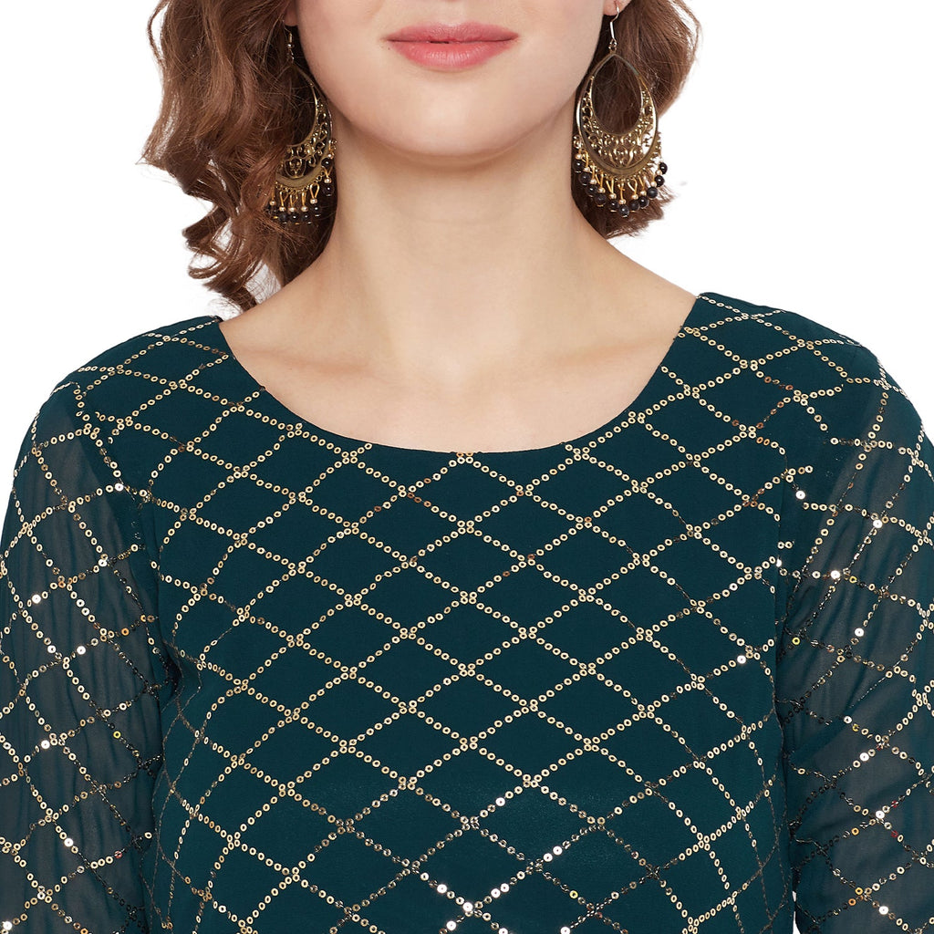 Dark green yoke and sleeve jaal embroidered sharara set with lime green dupatta