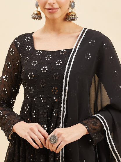 Black Mirror Embroidered Flared Ethnic Dresses With Dupatta