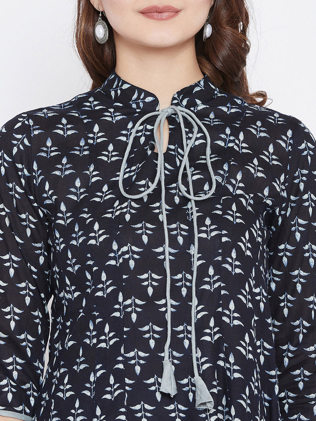 Navy Blue & Grey Printed Pure Cotton A-Line Pure Cotton Kurti