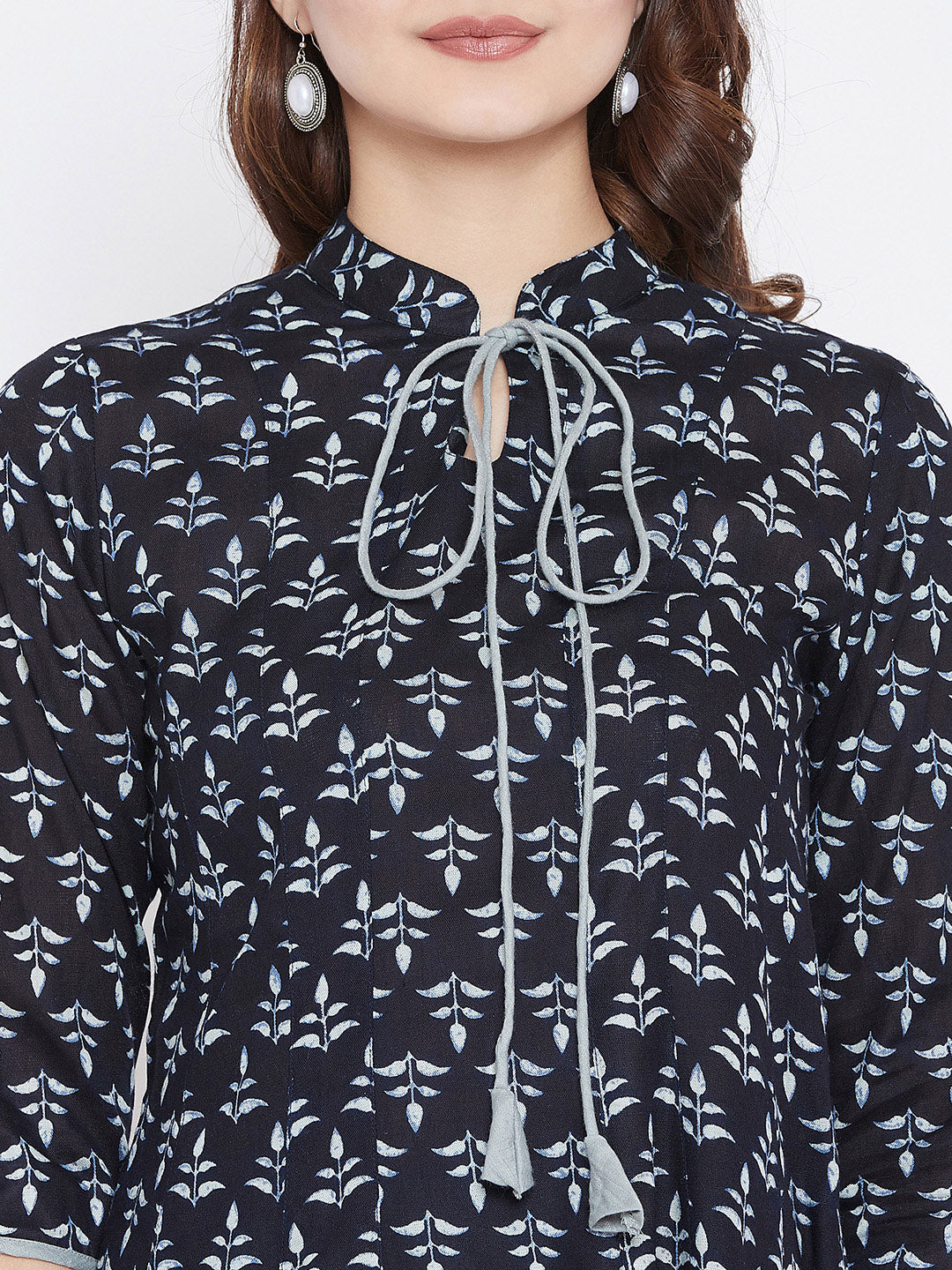 Navy Blue & Grey Printed Pure Cotton A-Line Pure Cotton Kurti