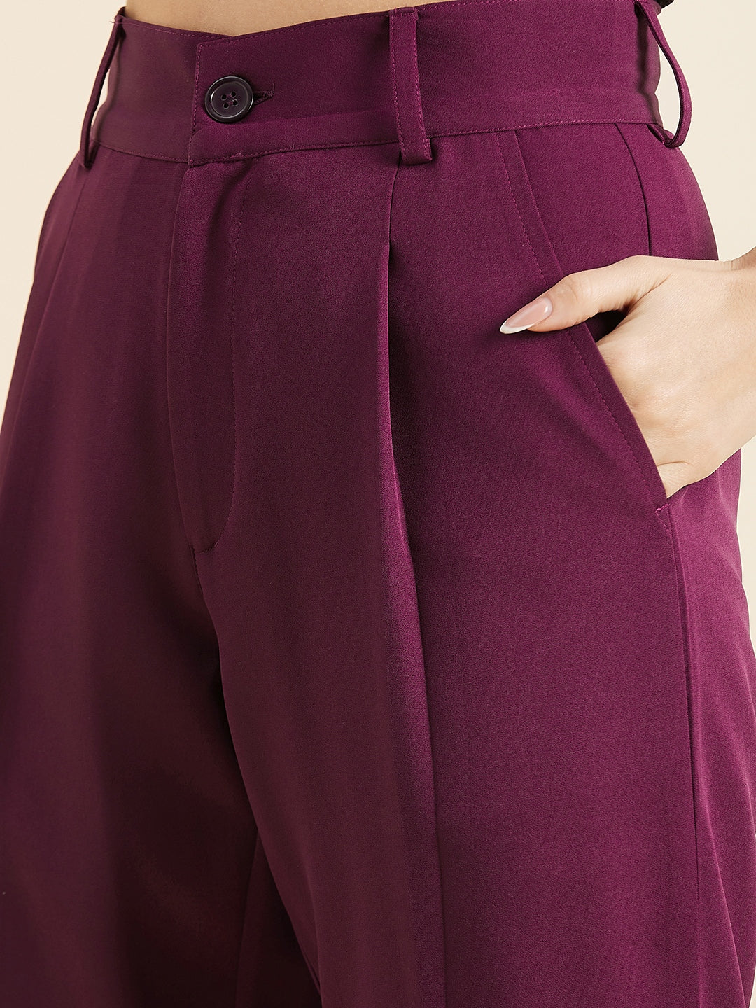Burgundy Relaxed Straight Fit High-Rise Pleated Formal Trousers