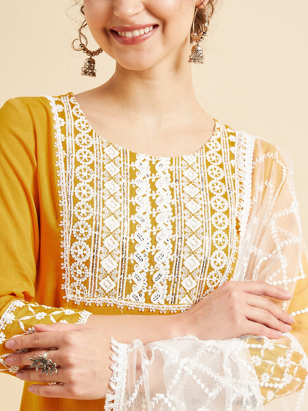 Yellow Ethnic Motifs Chinkari Work Regular Kurta with Trousers & Dupatta