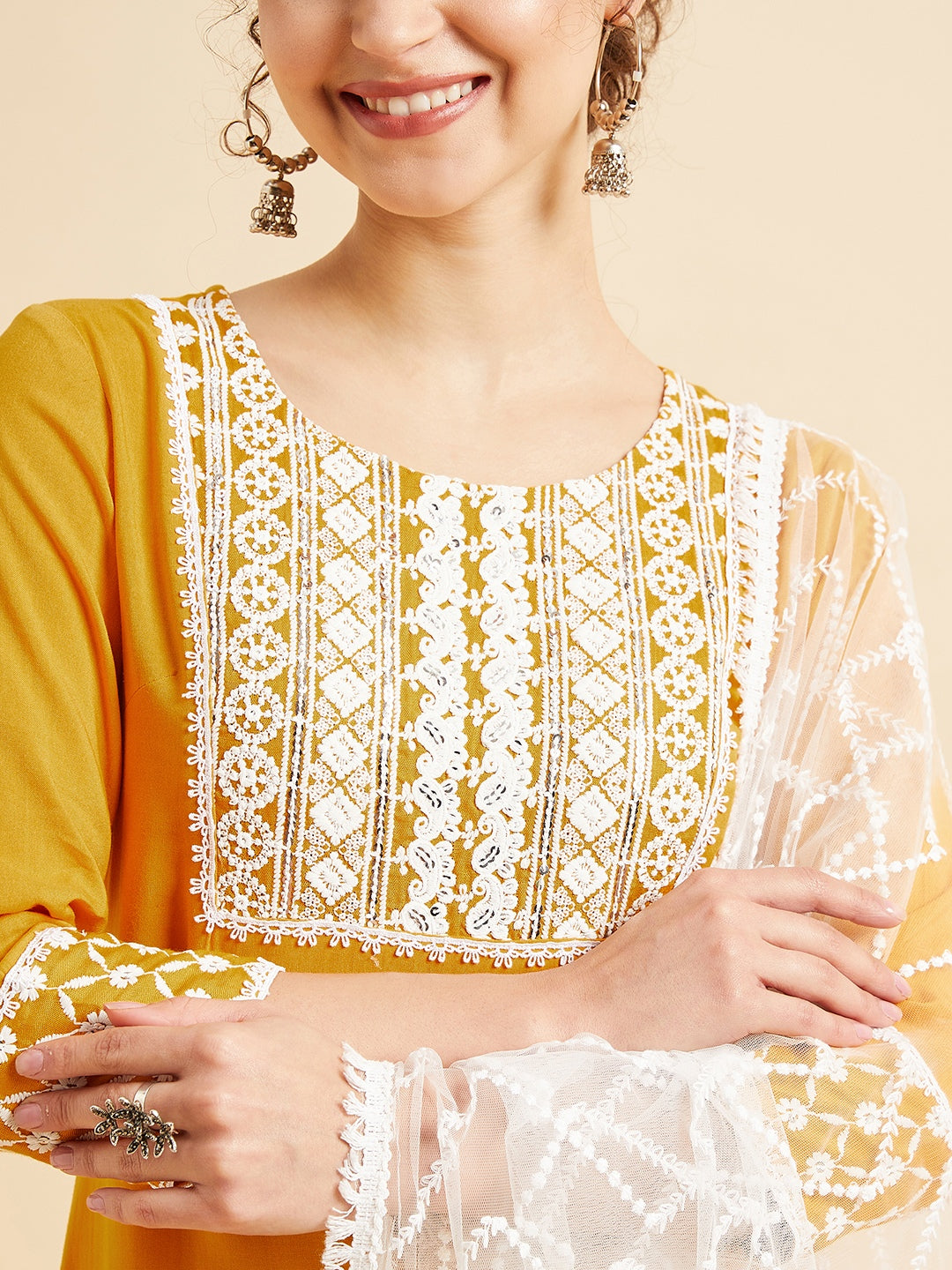 Yellow Ethnic Motifs Chinkari Work Regular Kurta with Trousers & Dupatta