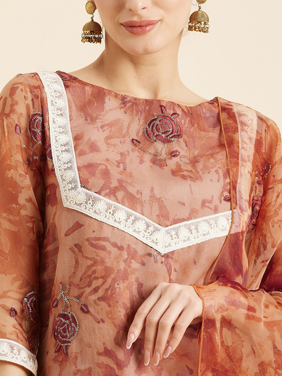 Floral Embroidered Kurta With Trousers & Dupatta